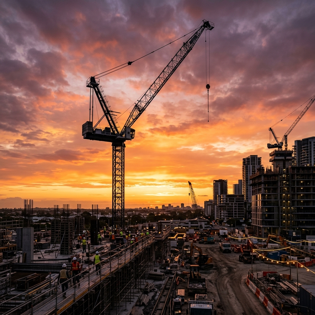 Construction cranes operating during sunset