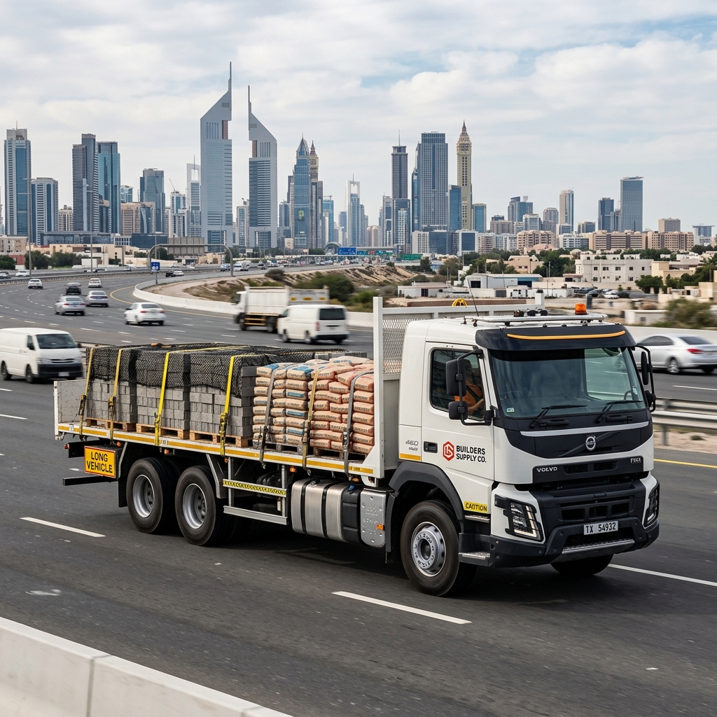 Shaheen Al Jabal commercial supply truck on UAE highway with skyline background